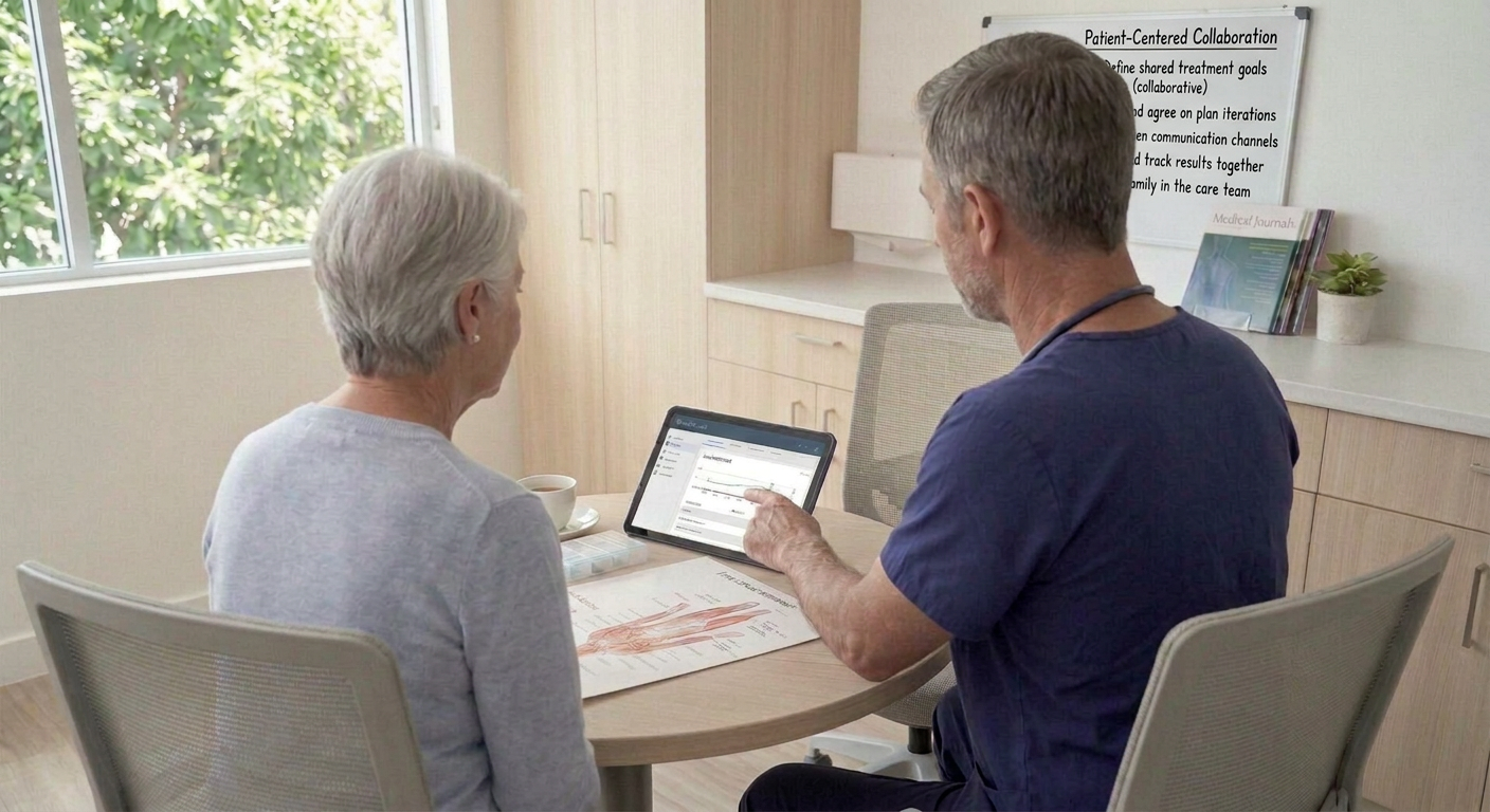 Healthcare professional discussing a tablet health chart with an older patient