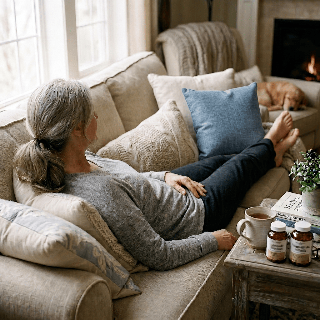 Home recovery scene with blue pillow by feet