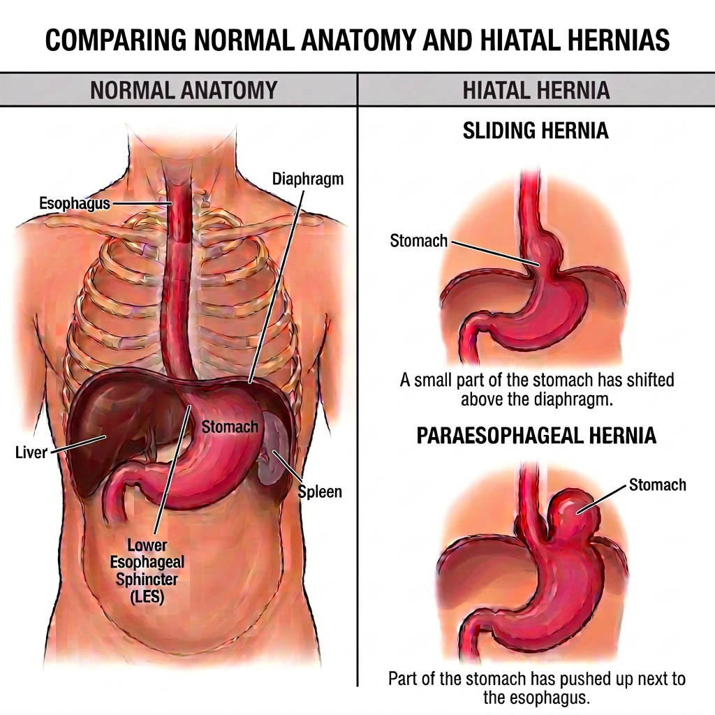 Diagram comparing normal anatomy with sliding and para-esophageal hiatal hernias
