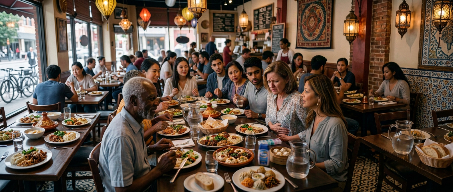Diverse diners at restaurant table beside sign reading “I DON’T HAVE PERMISSION.”
