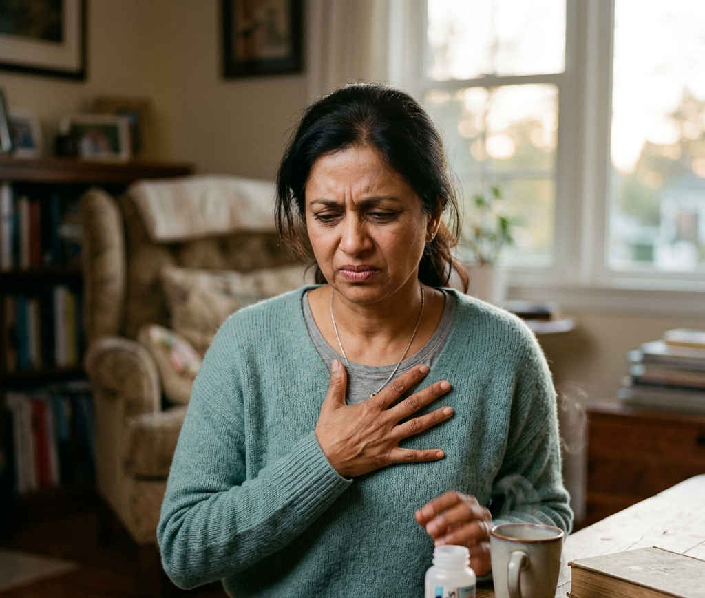 Woman clutching her chest beside a bottle labeled Rolaids
